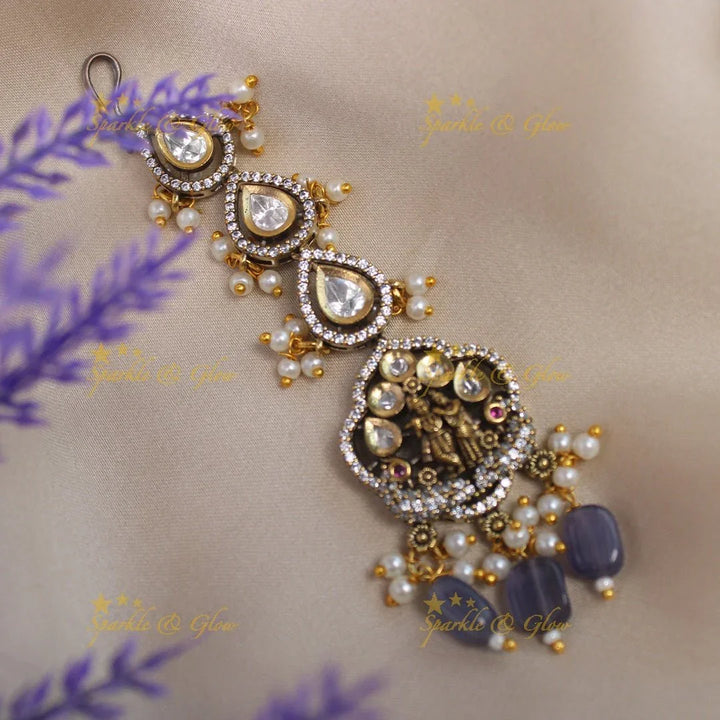 Gracious Idol Radhakrishna carved Victorian AD kundan maangtikka-Red - Sparkle and Glow