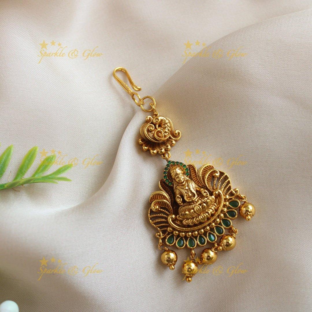 Beautiful Idol Lakshmi peacock carved kemp Maangtikka - Sparkle and Glow