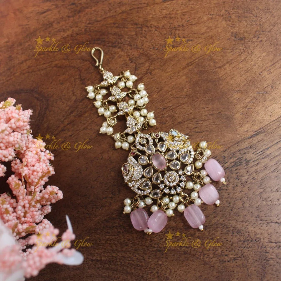 Elegant Dual tone Peacock Floral carved Victorian AD maangtikka-Green - Sparkle and Glow