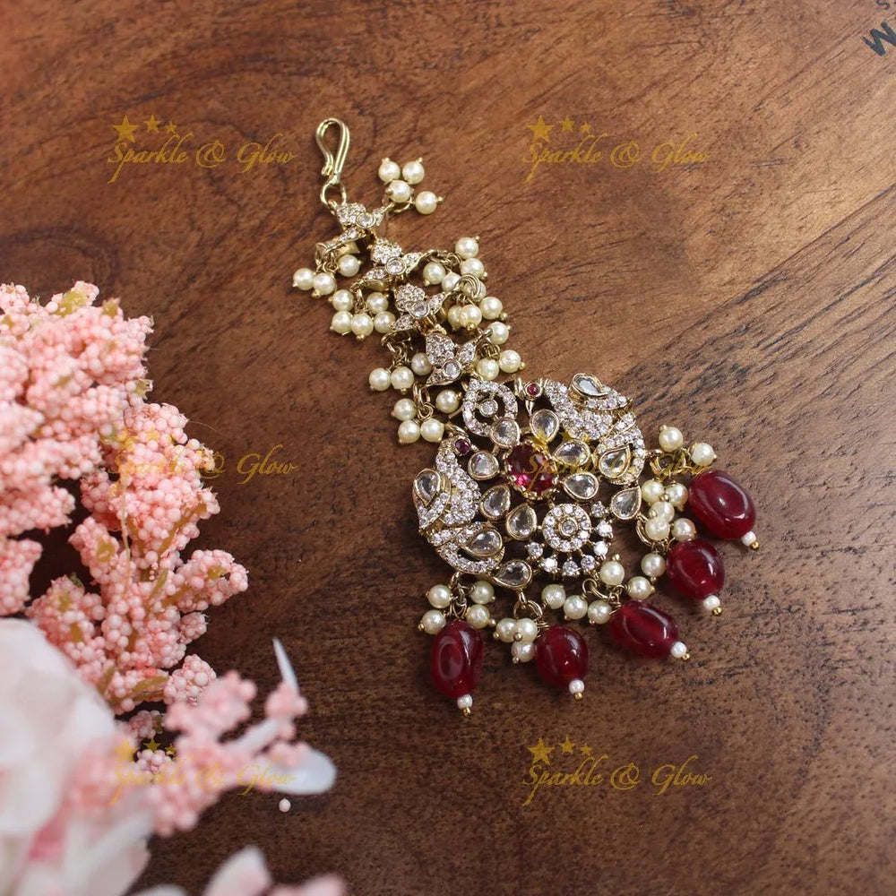 Elegant Dual tone Peacock Floral carved Victorian AD maangtikka-Green - Sparkle and Glow