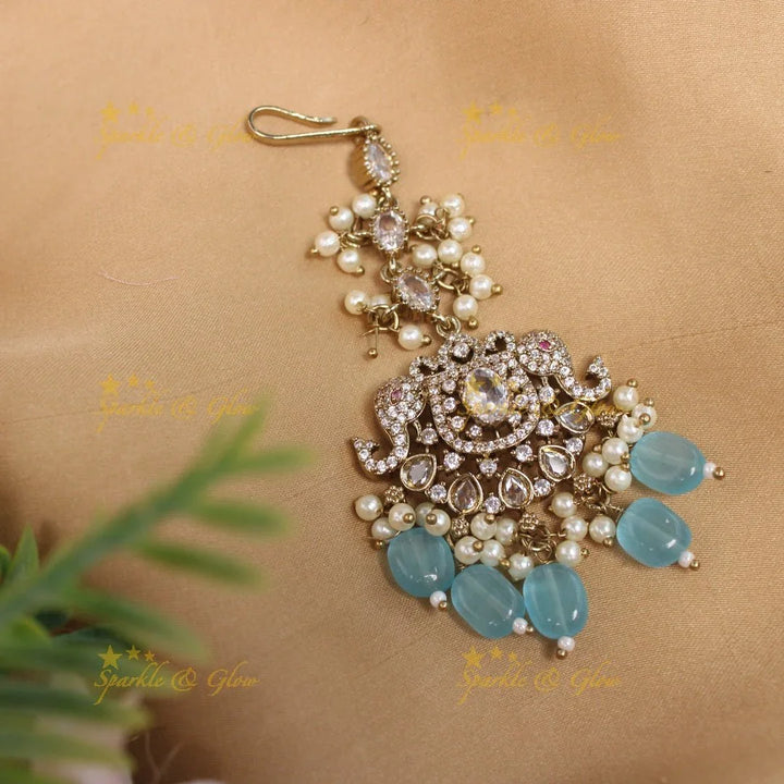 Sparkling Dual tone Elephant Floral Guttapusalu Victorian AD Maangtikka - Sparkle and Glow
