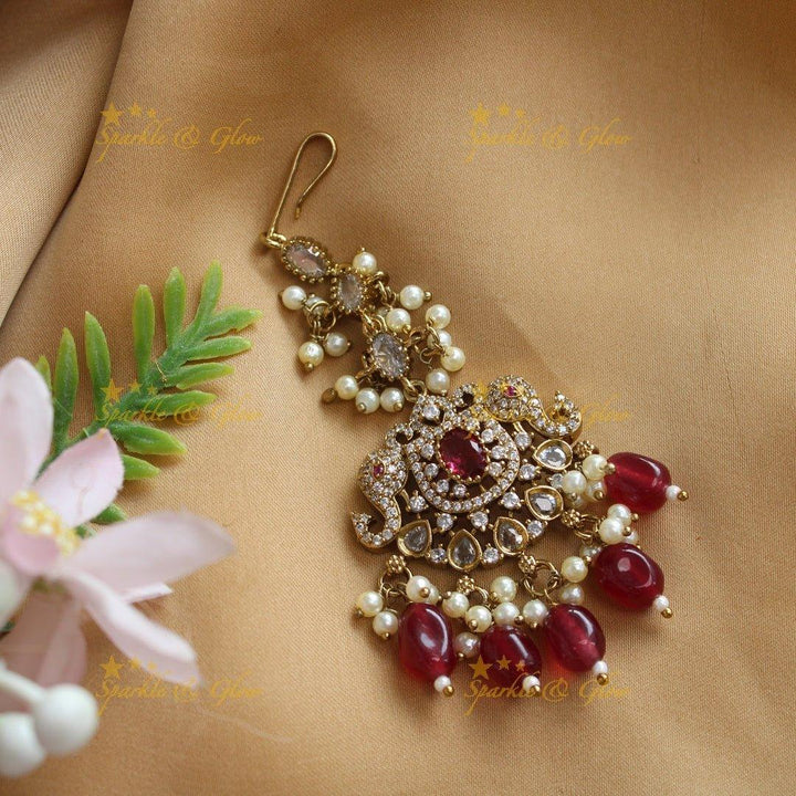 Sparkling Dual tone Elephant Floral Guttapusalu Victorian AD Maangtikka - Sparkle and Glow