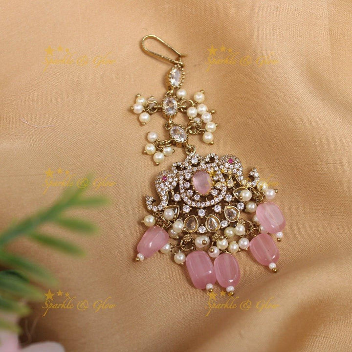 Sparkling Dual tone Elephant Floral Guttapusalu Victorian AD Maangtikka - Sparkle and Glow