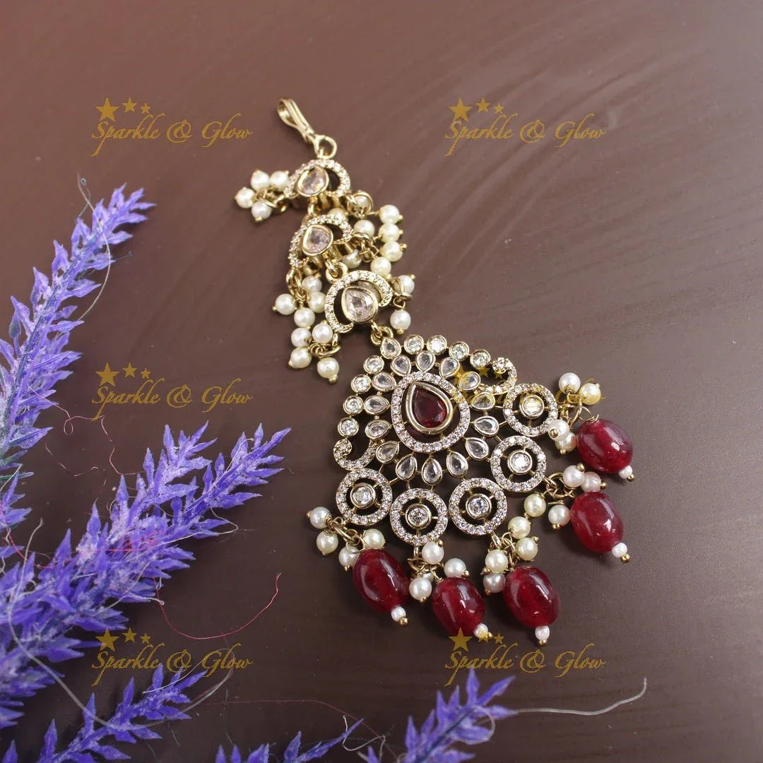 Statement Victorian AD Kundan Floral Maangtikka-Red - Sparkle and Glow