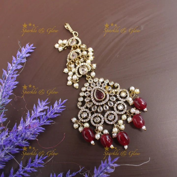 Statement Victorian AD Kundan Floral Maangtikka-Red - Sparkle and Glow