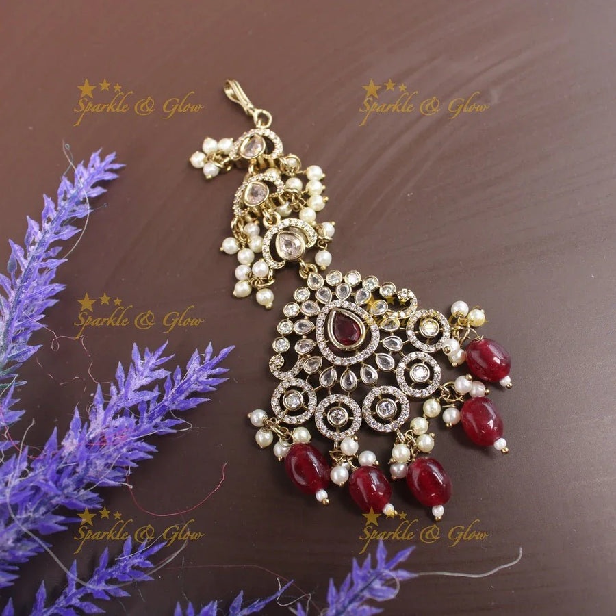 Statement Victorian AD Kundan Floral Maangtikka-Red - Sparkle and Glow