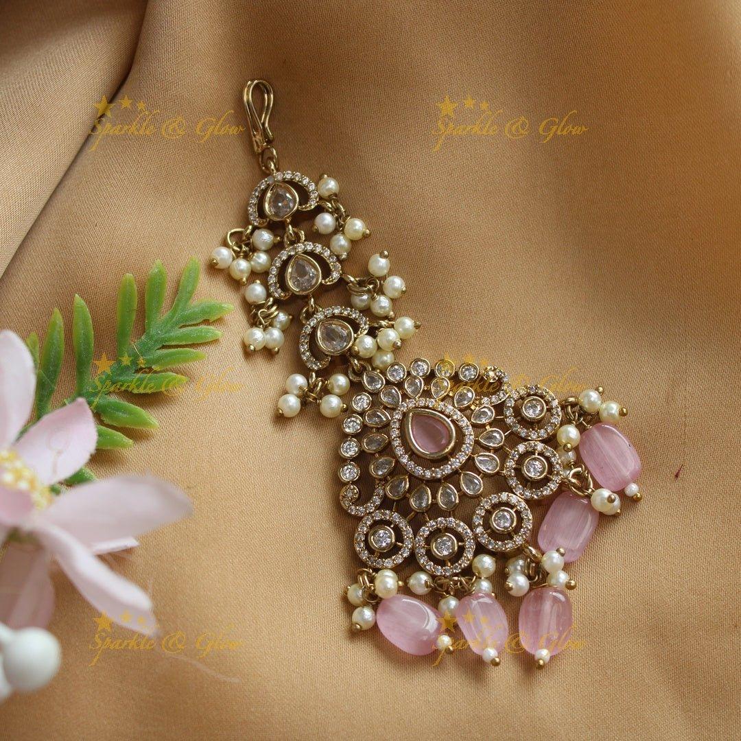 Statement Victorian AD Kundan Floral Maangtikka-Red - Sparkle and Glow