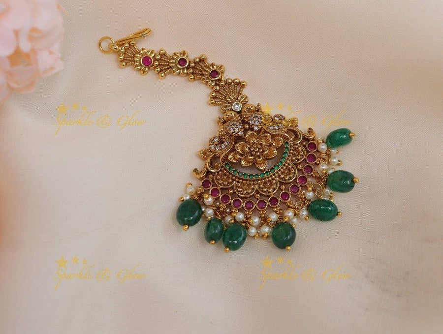 Elegant Kemp Floral Maangtikka with green beads - Sparkle and Glow