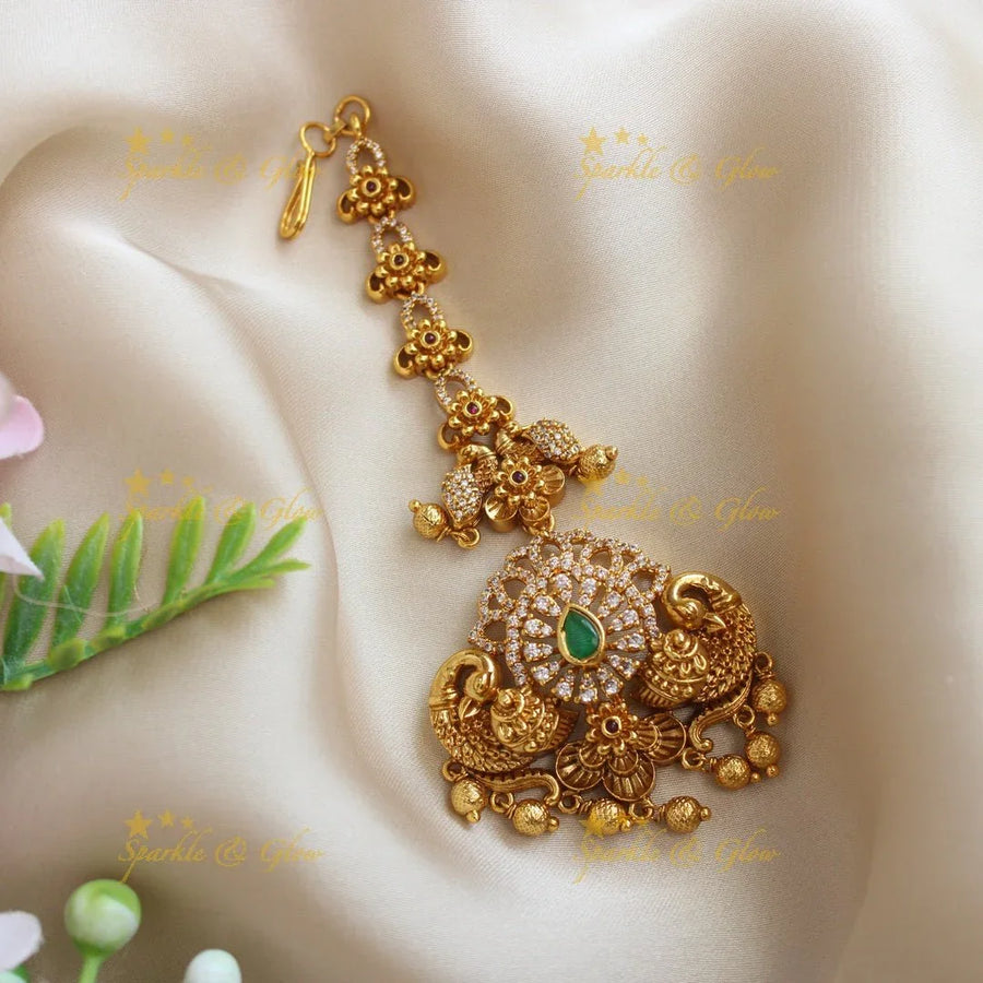 Grand Peacock Floral single line maangtikka with AD stones - Sparkle and Glow