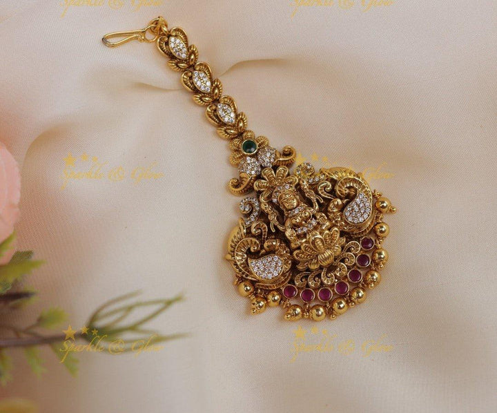 Stunning Lakshmi Peacock Floral Maangtikka with gold beads - Sparkle and Glow