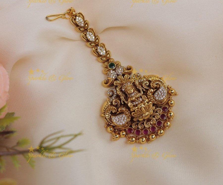 Stunning Lakshmi Peacock Floral Maangtikka with gold beads - Sparkle and Glow