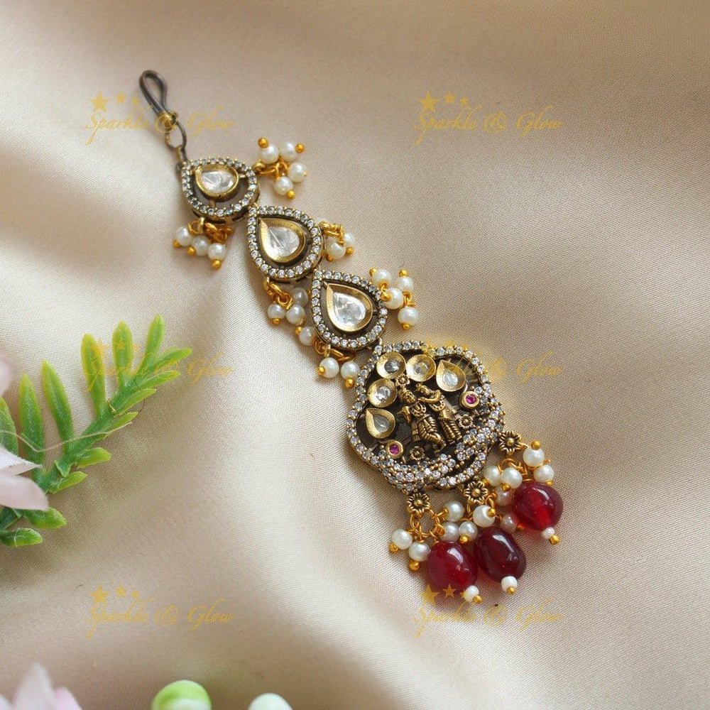 Gracious Idol Radhakrishna carved Victorian AD kundan maangtikka-Red - Sparkle and Glow