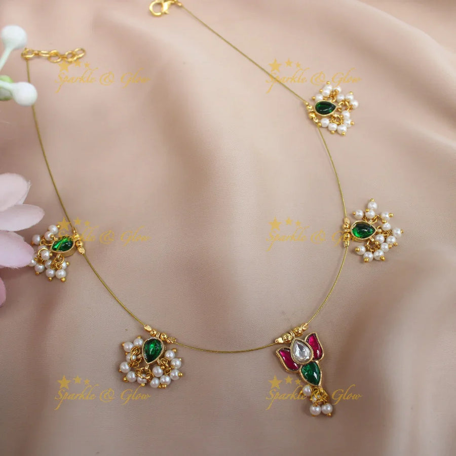 Stunning Lotus Floral Jadau guttapusalu Invisible short necklace-Multi - Sparkle and Glow