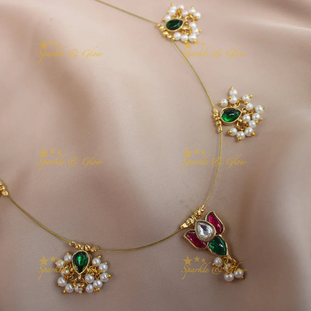 Stunning Lotus Floral Jadau guttapusalu Invisible short necklace-Multi - Sparkle and Glow