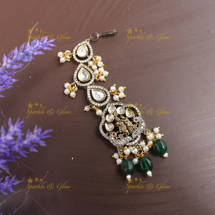 Gracious Idol Radhakrishna carved Victorian AD kundan maangtikka-Red - Sparkle and Glow