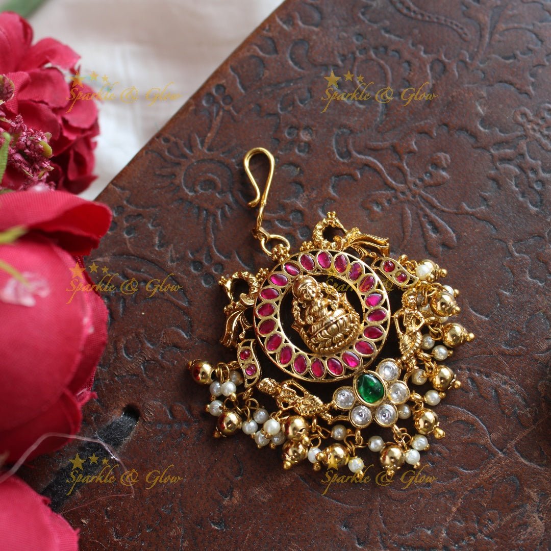 Gracious Idol Lakshmi Peacock Floral carved Maangtikka - Sparkle and Glow -