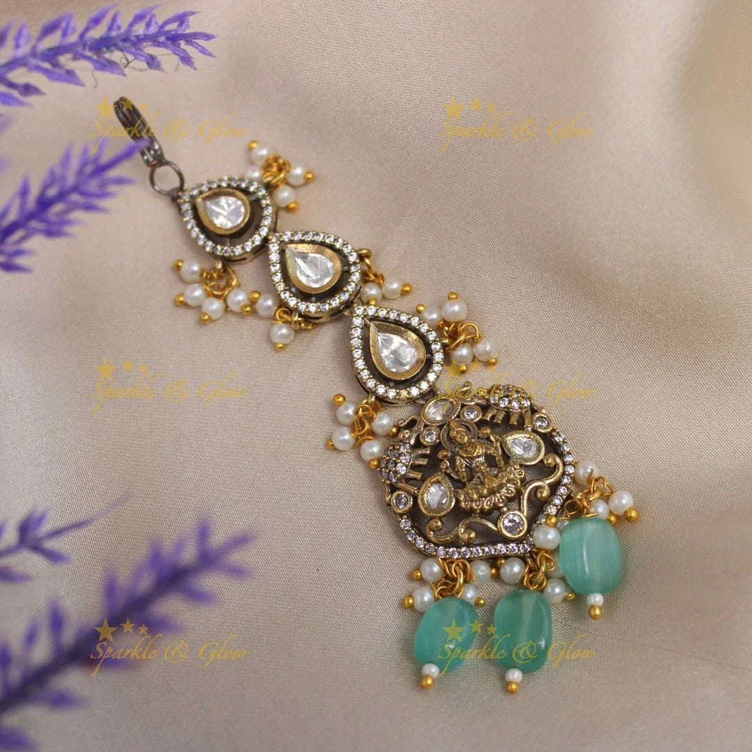 Gracious Idol Lakshmi Kundan Victorian AD Maangtikka-Light pink - Sparkle and Glow