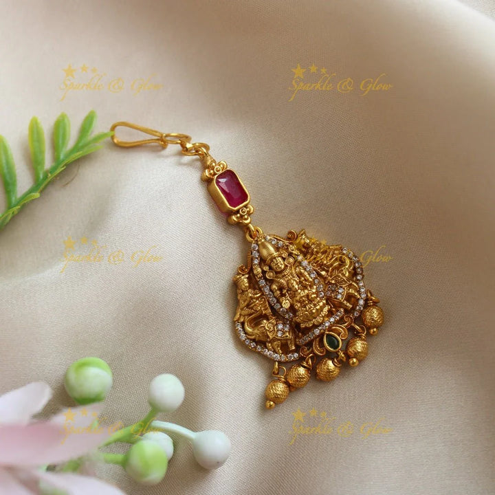 Idol Lakshmi Narayana Elephant carved maangtikka with gold beads - Sparkle and Glow