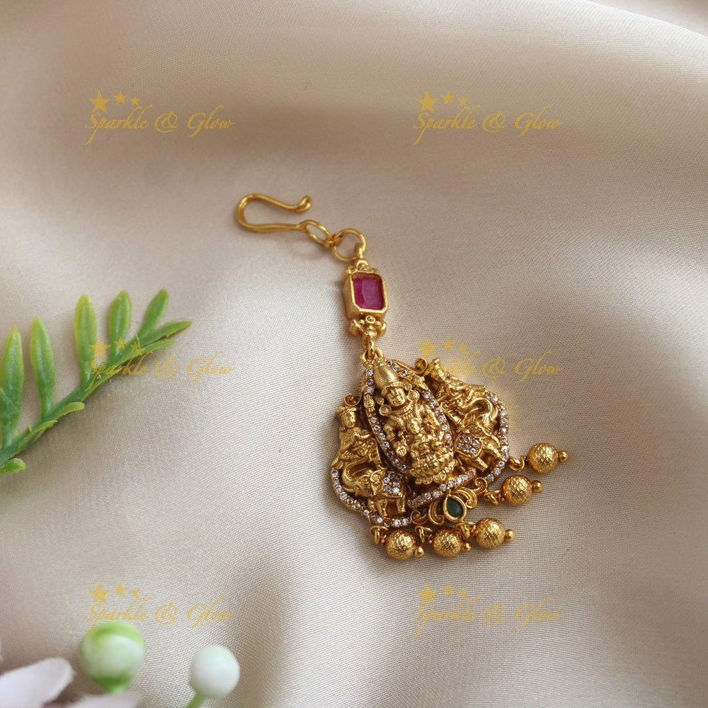 Idol Lakshmi Narayana Elephant carved maangtikka with gold beads - Sparkle and Glow