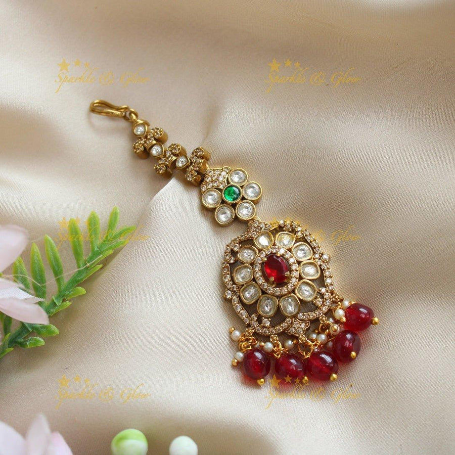 Elegant Floral Victorian AD maangtikka with red beads - Sparkle and Glow