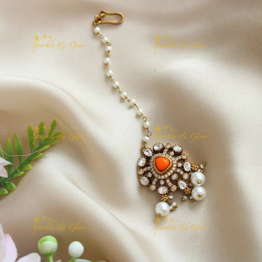 Gracious Victorian AD Floral Maangtikka with pearls - Sparkle and Glow