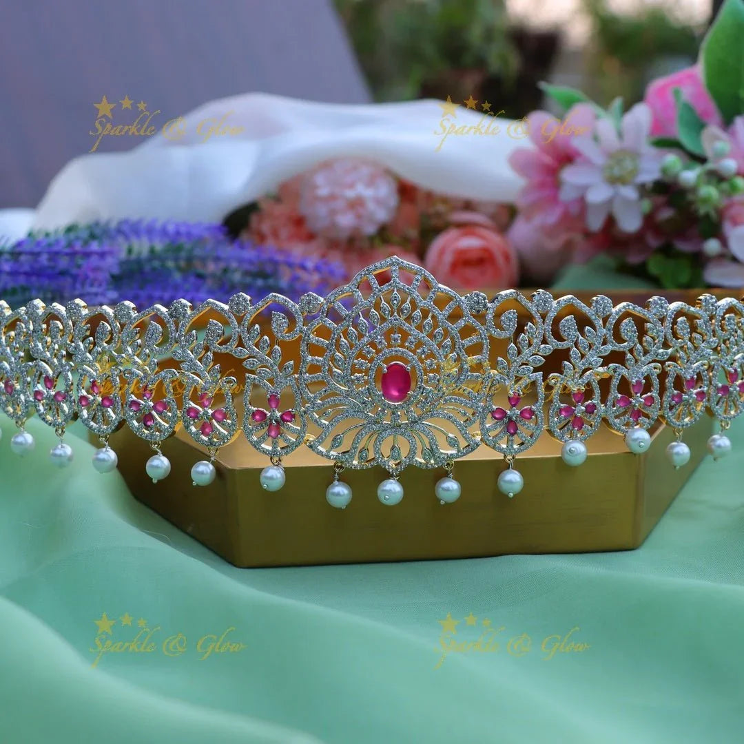 Pink Pink AD Stone Lotus Hip Belt Elegant Design