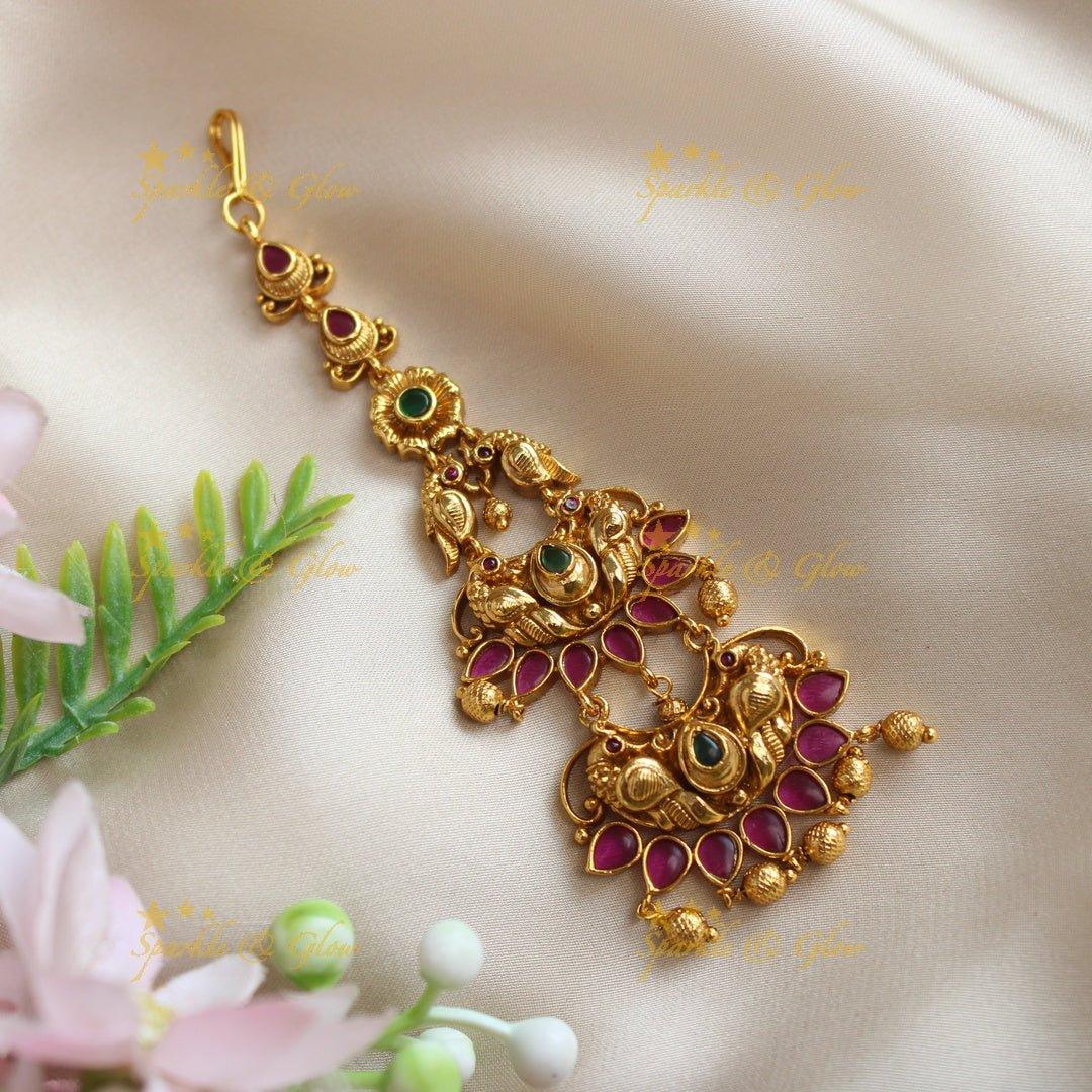 Elegant Dual tone Peacock Floral carved kemp Maangtikka - Sparkle and Glow