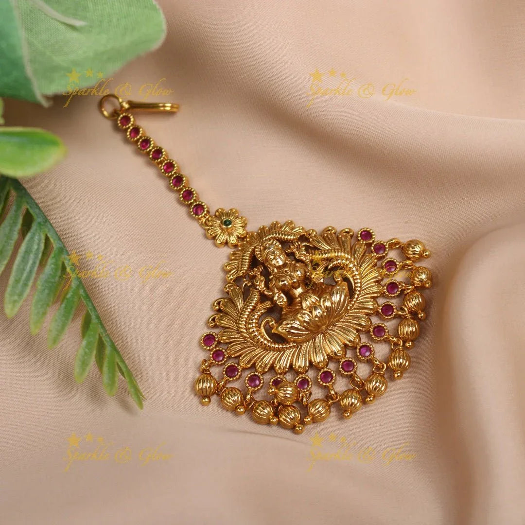 Gracious Idol Lakshmi Kemp Floral Maangtikka with gold beads - Sparkle and Glow