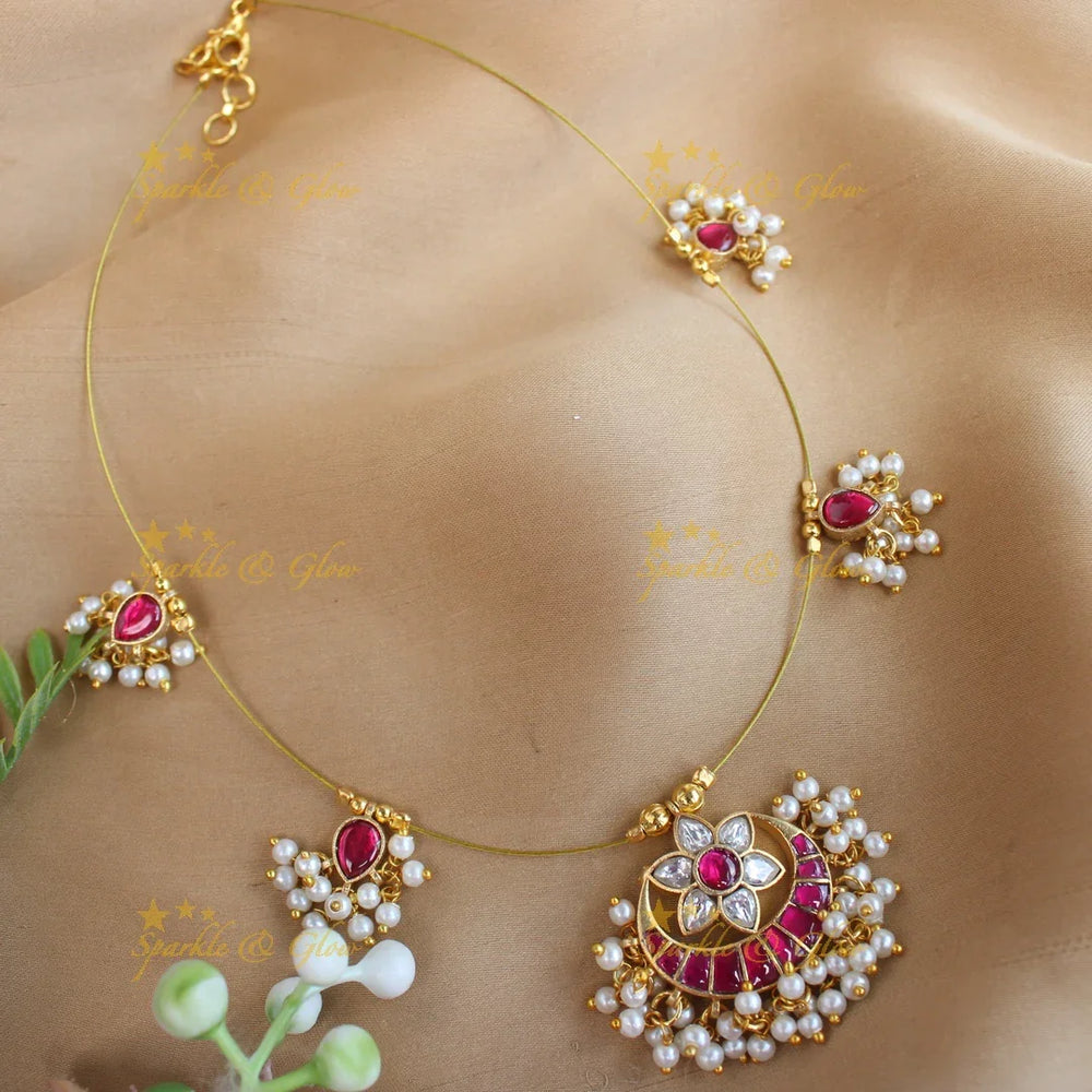 Beautiful Half moon star floral Jadau invisible short necklace-Multi - Sparkle and Glow