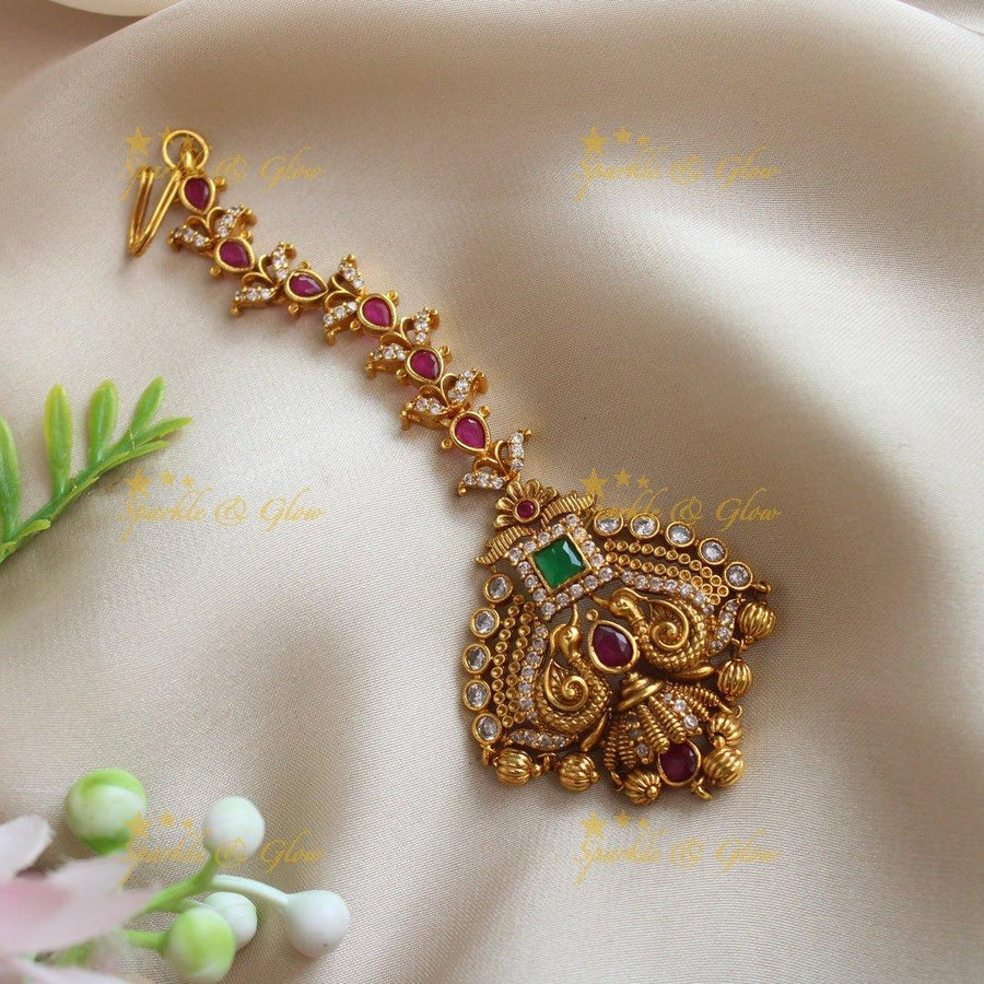 Gracious Peacock Floral carved single line maangtikka - Sparkle and Glow