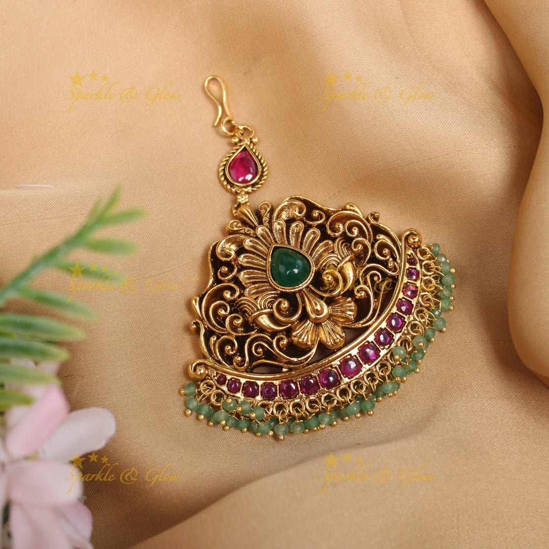 Grand Flower design Maangtikka with mintgreen beads - Sparkle and Glow -