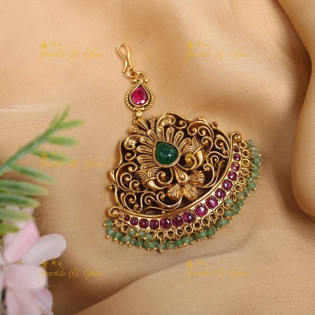 Grand Flower design Maangtikka with mintgreen beads - Sparkle and Glow