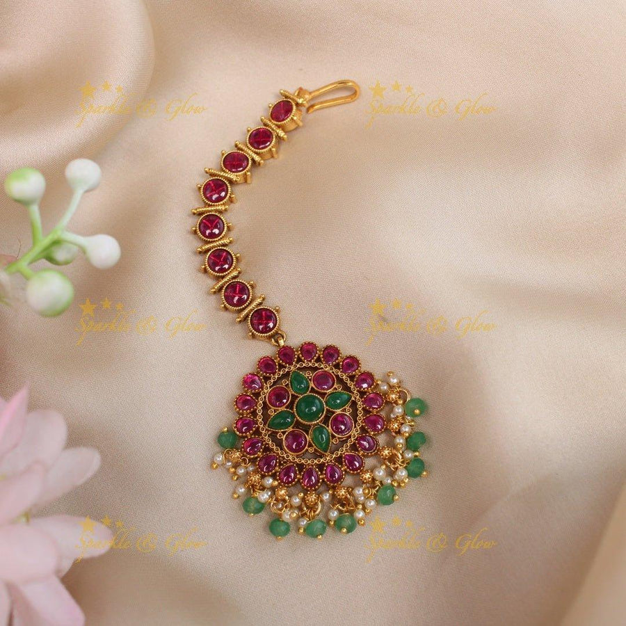 Beautiful Kemp Floral Single like maangtikka with green beads and pearls - Sparkle and Glow