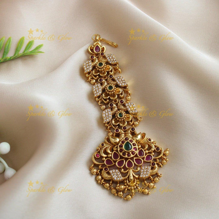 Grand Peacock Floral carved Kemp maangtikka - Sparkle and Glow