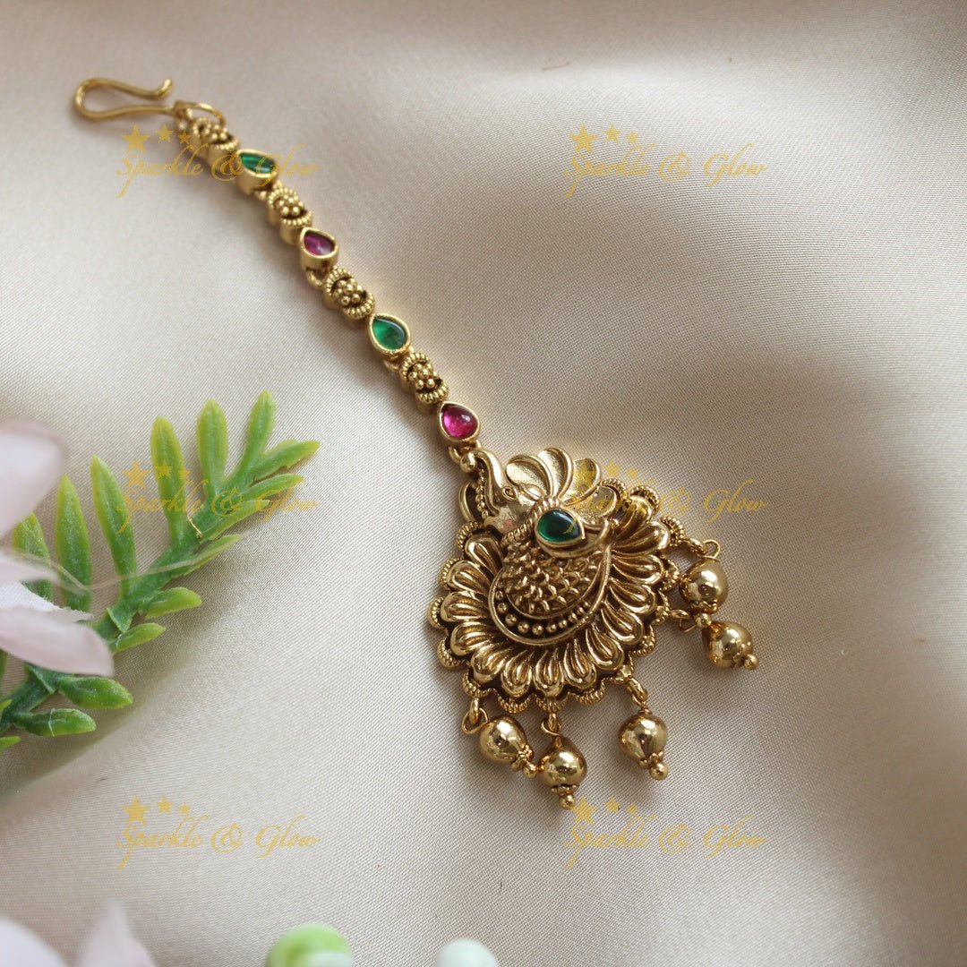 Statement Elephant Floral carved single line maangtikka - Sparkle and Glow -