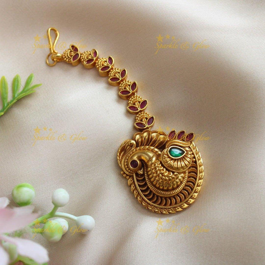 Statement Kemp Peacock single line maangtikka - Sparkle and Glow