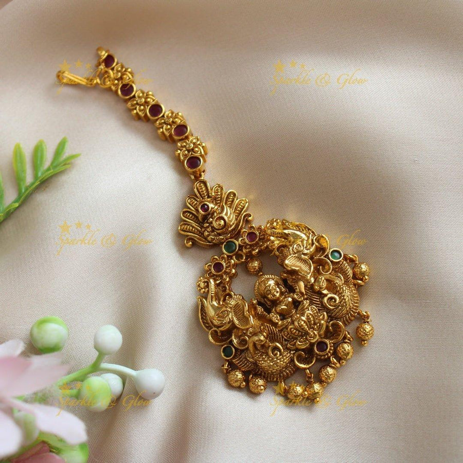 Idol Lakshmi Elephant Floral carved single line Kemp maangtikka - Sparkle and Glow