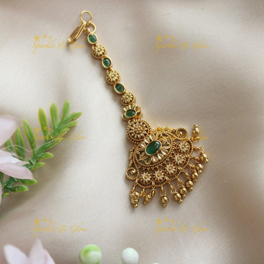 Beautiful Floral single line maangtikka with Emerald stones - Sparkle and Glow