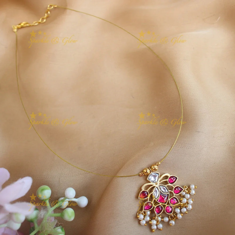 Gracious Leaf Floral Jadau Invisible short necklace-Ruby - Sparkle and Glow