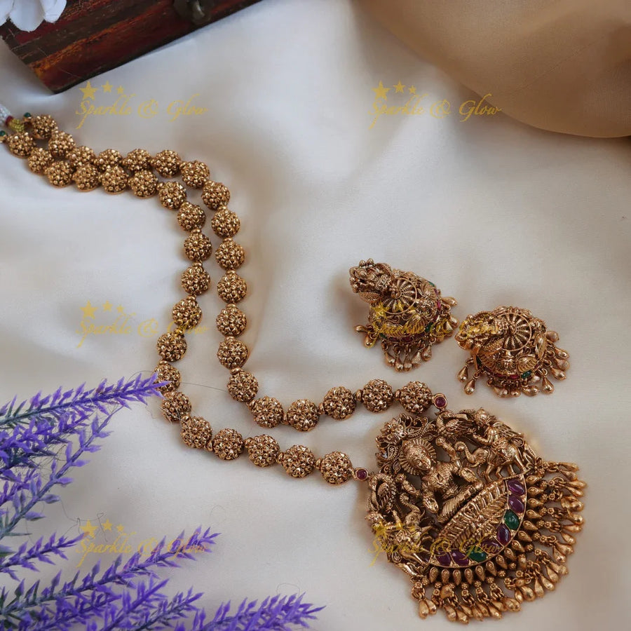 Pretty lakshmi and elephant design gold beads haram - pink and green - Sparkle and Glow