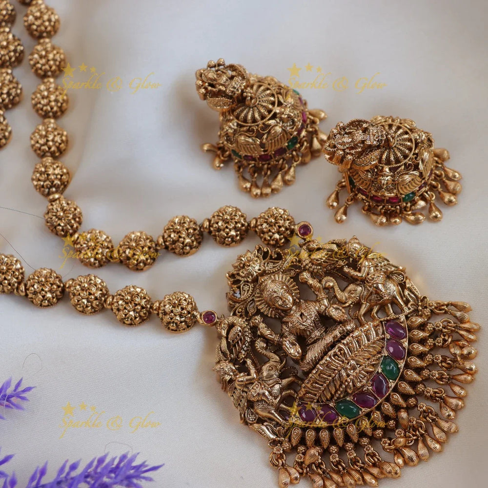 Pretty lakshmi and elephant design gold beads haram - pink and green - Sparkle and Glow