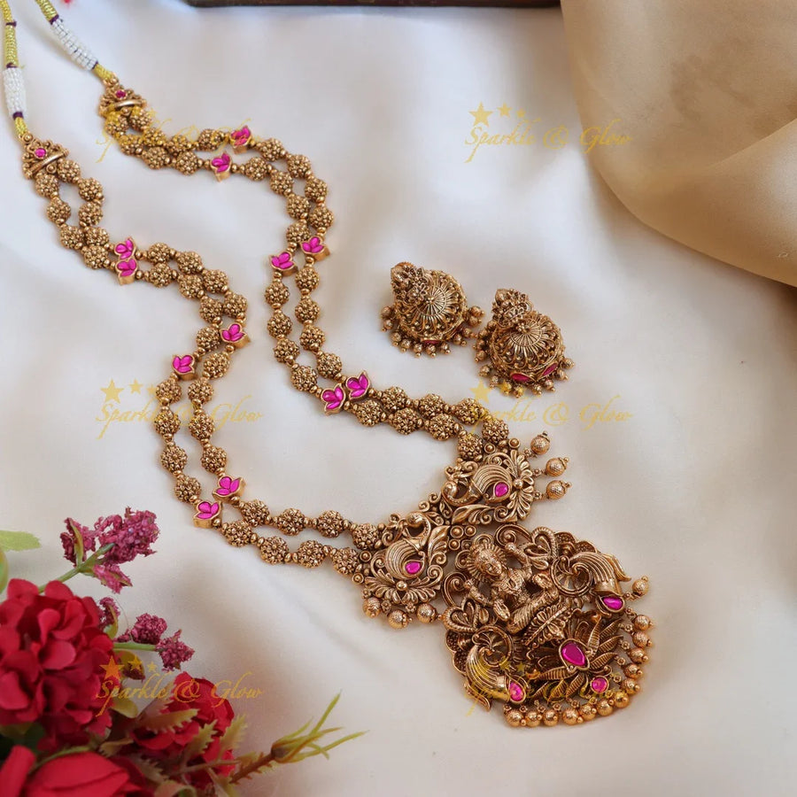 Gorgeous lakshmi and peacock design gold beads haram - pink and gold - Sparkle and Glow
