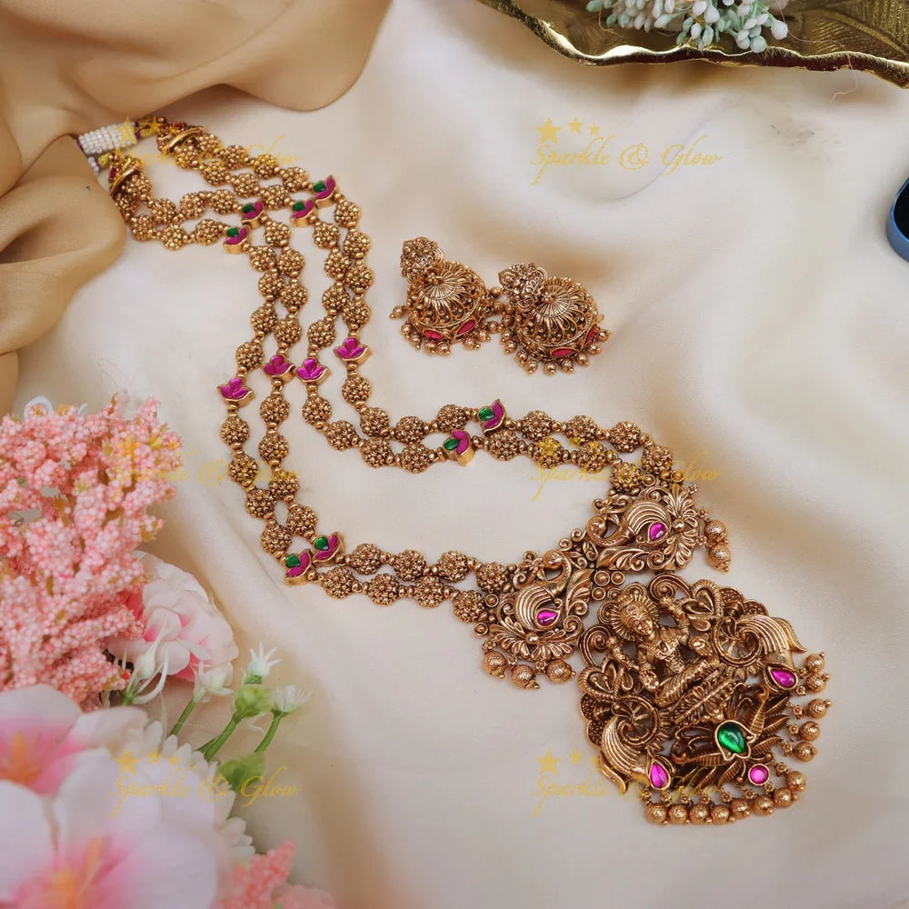 Gorgeous lakshmi and peacock design gold beads haram - pink and gold - Sparkle and Glow