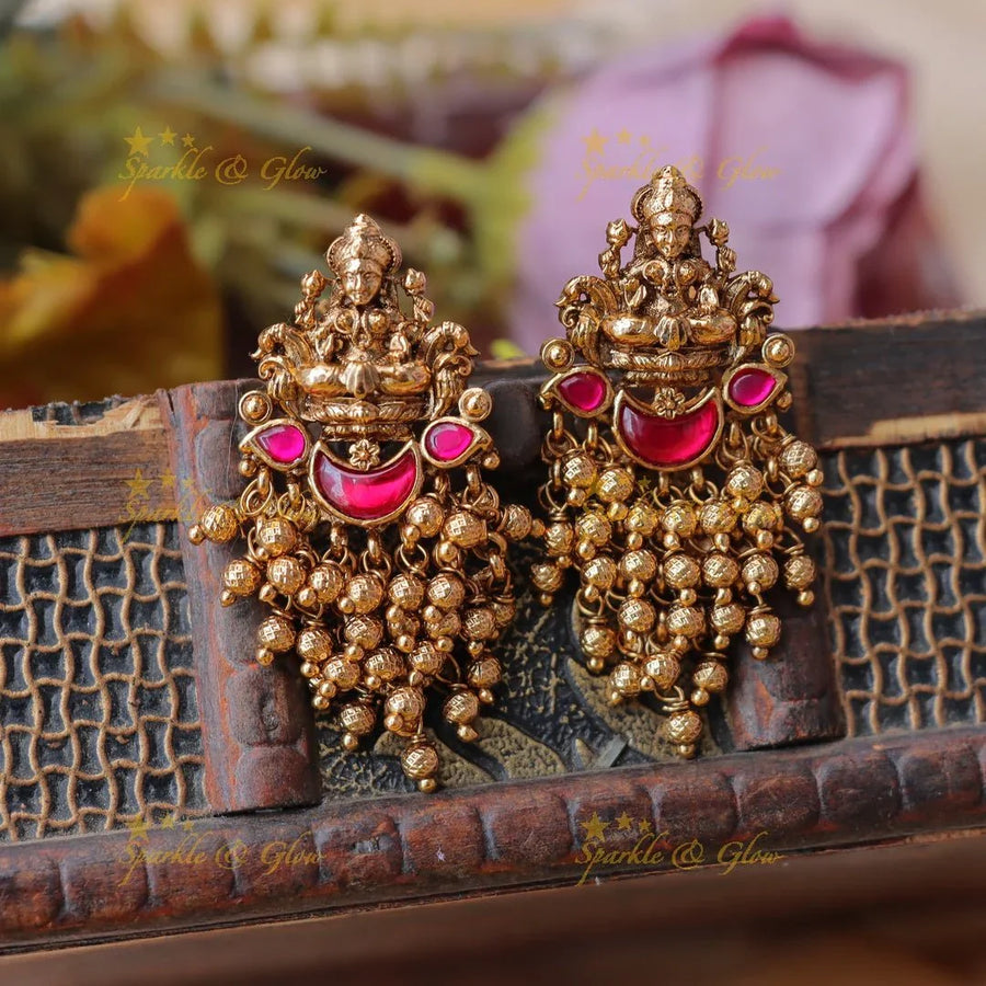 Beautiful lakshmi design jadau earrings - Pink - Sparkle and Glow