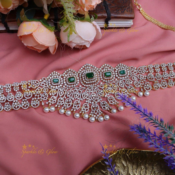 Pretty floral and mango design american diamond hip chain - Green - Sparkle and Glow