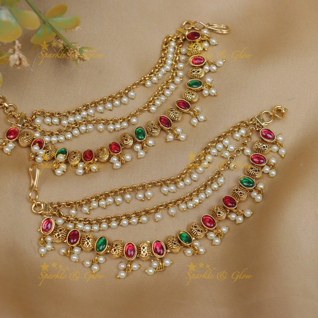 Stunning Oval design Kemp Earchain with pearls - Sparkle and Glow