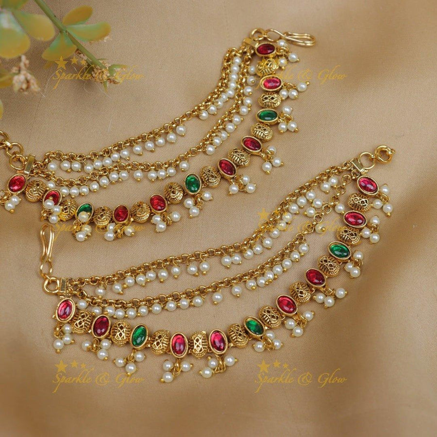 Stunning Oval design Kemp Earchain with pearls - Sparkle and Glow