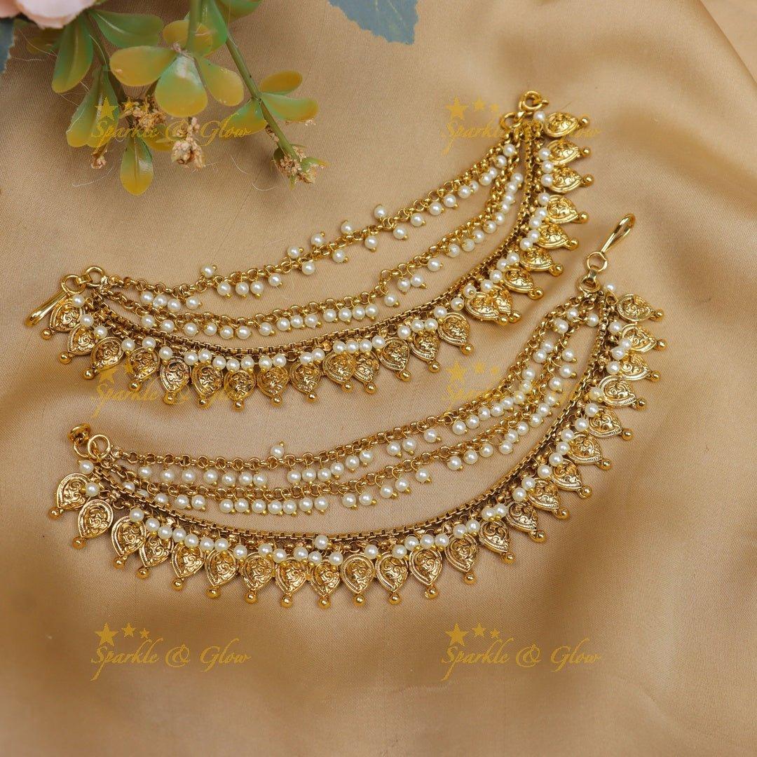 Statement Leaf design Earchain with pearls - Sparkle and Glow