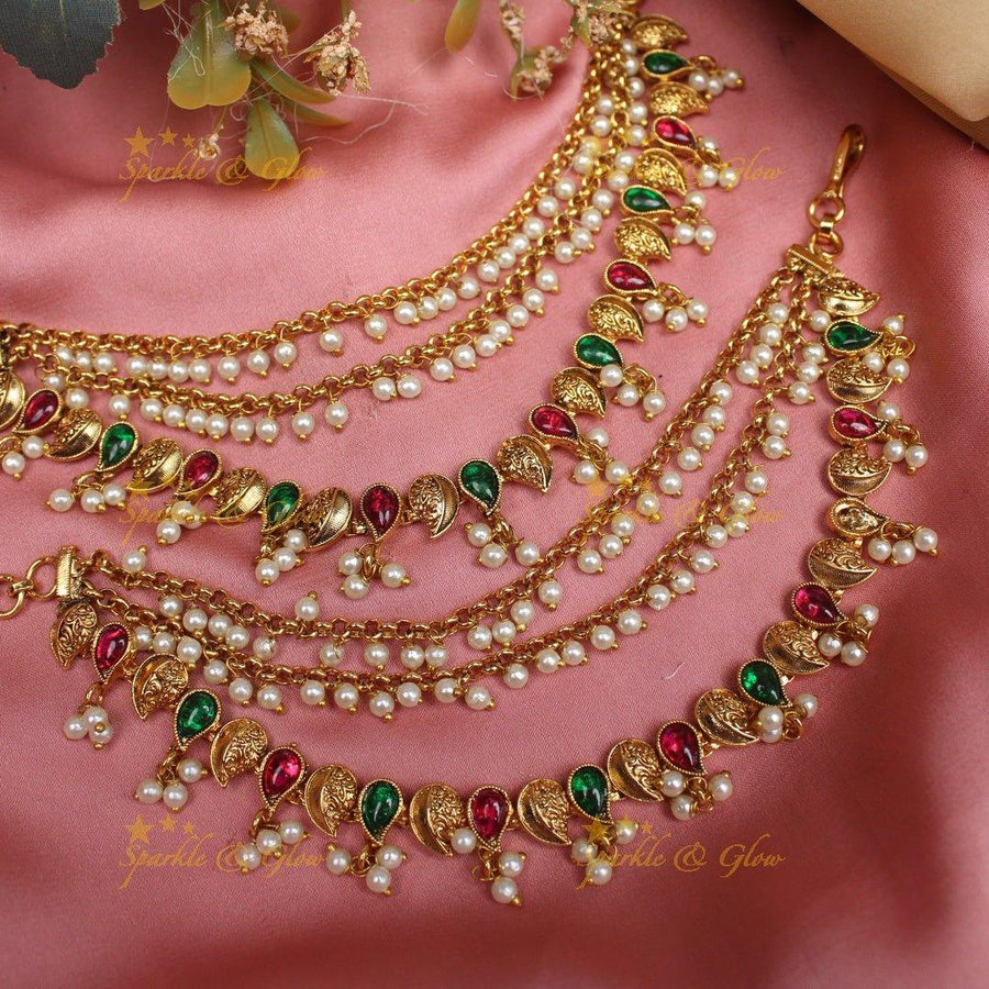 Stunning Mango design Kemp Earchain with pearls - Sparkle and Glow