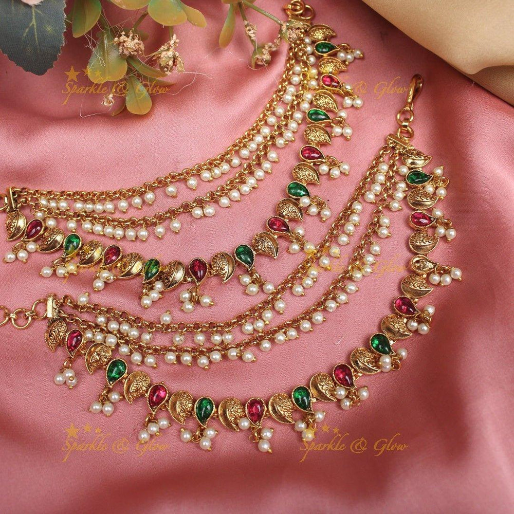 Stunning Mango design Kemp Earchain with pearls - Sparkle and Glow